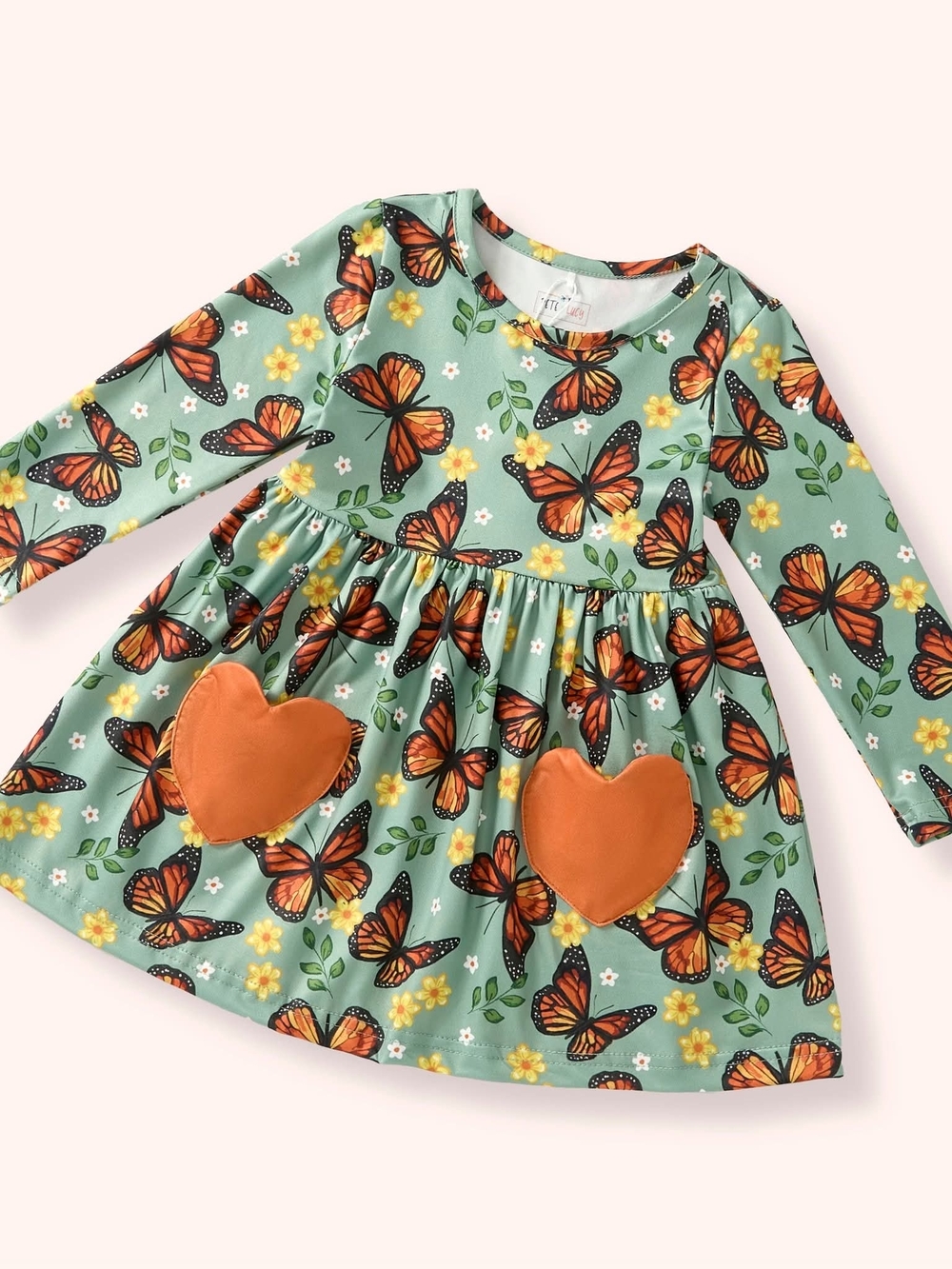 Girls Mint Green Butterfly Dress with Orange Heart Pockets
